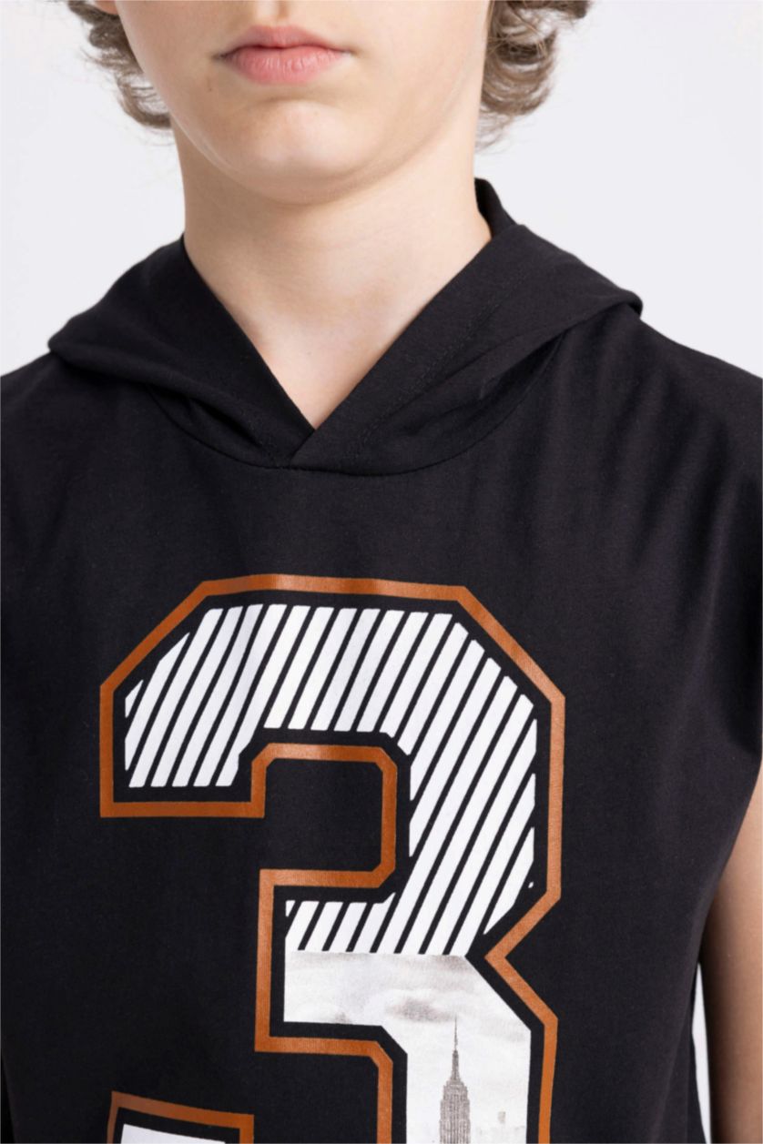 أولاد أسود تيشيرت كت ولادي بدون ردن بغطاء للرأس