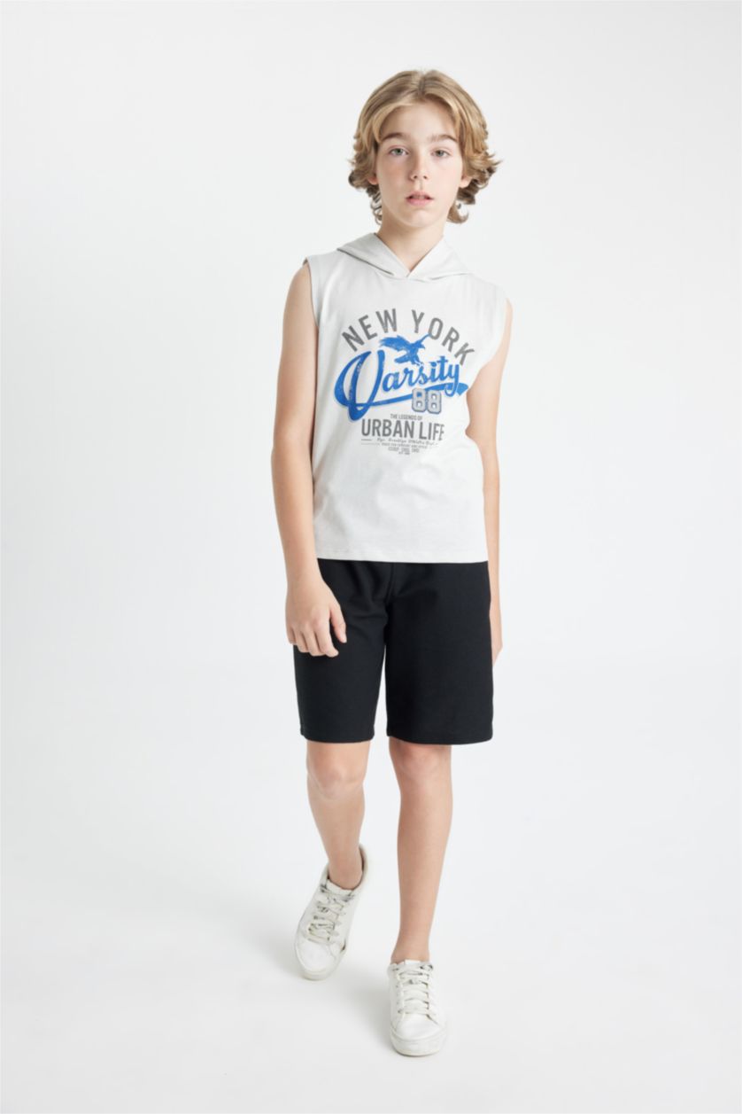 Erkek Çocuk - Genç Erkek Açık Gri Kapüşonlu Baskılı Atlet Erkek Çocuk