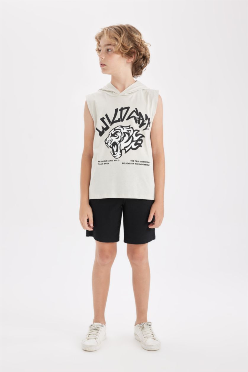 Erkek Çocuk - Genç Erkek Bej Baskılı Kapüşonlu Atlet Erkek Çocuk