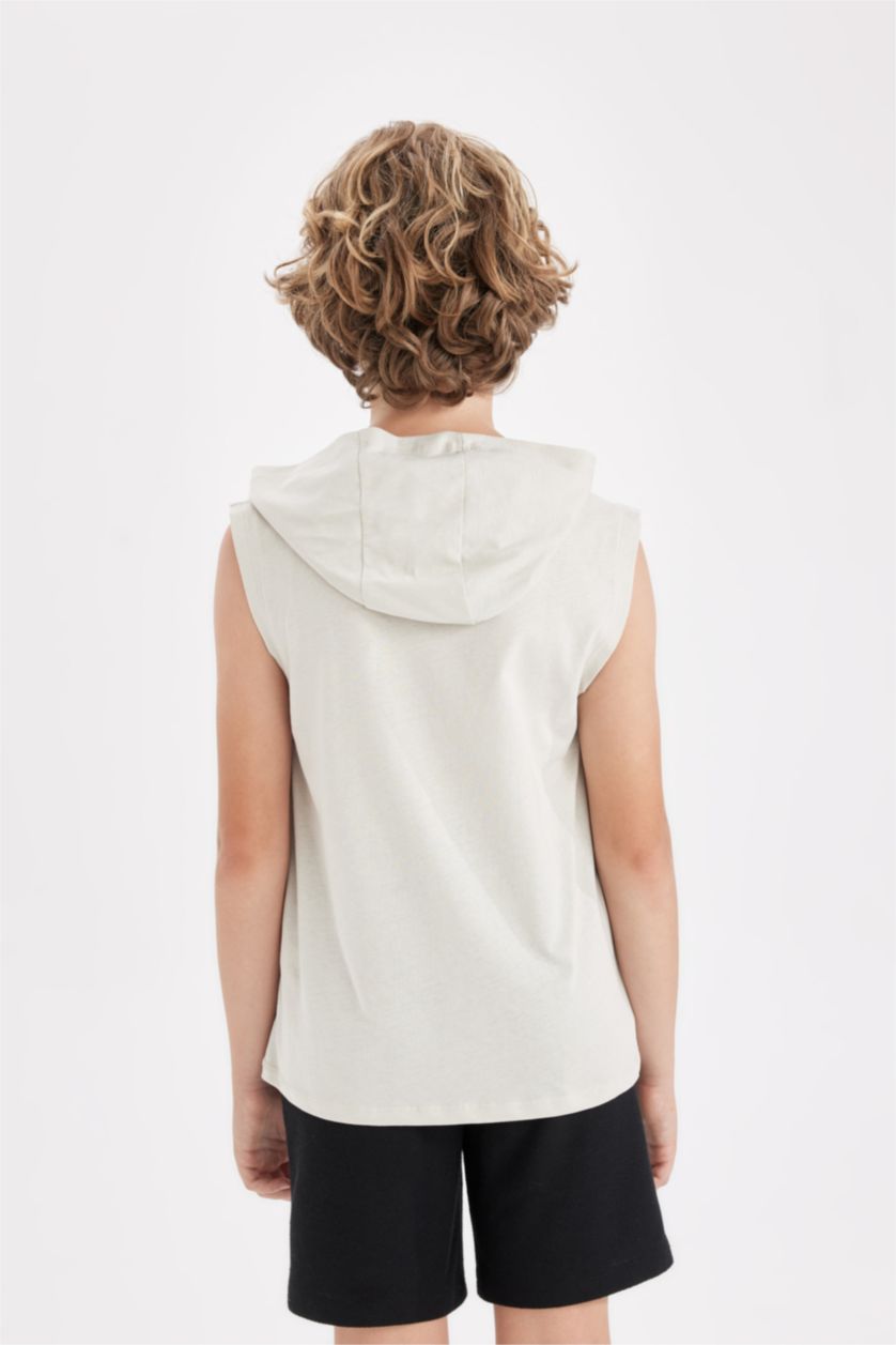 Erkek Çocuk - Genç Erkek Bej Baskılı Kapüşonlu Atlet Erkek Çocuk