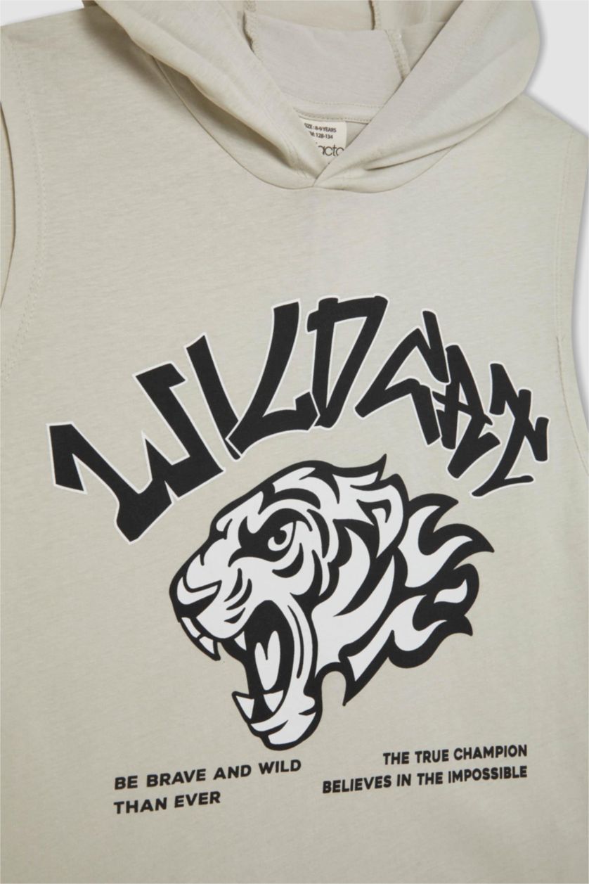 Erkek Çocuk - Genç Erkek Bej Baskılı Kapüşonlu Atlet Erkek Çocuk