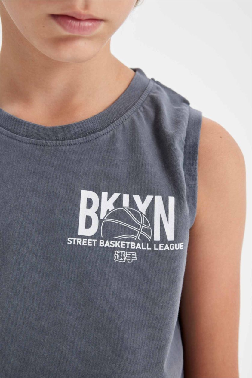 Boys & Teens Anthracite Boy Crew Neck Printed Sleevless T-Shirt