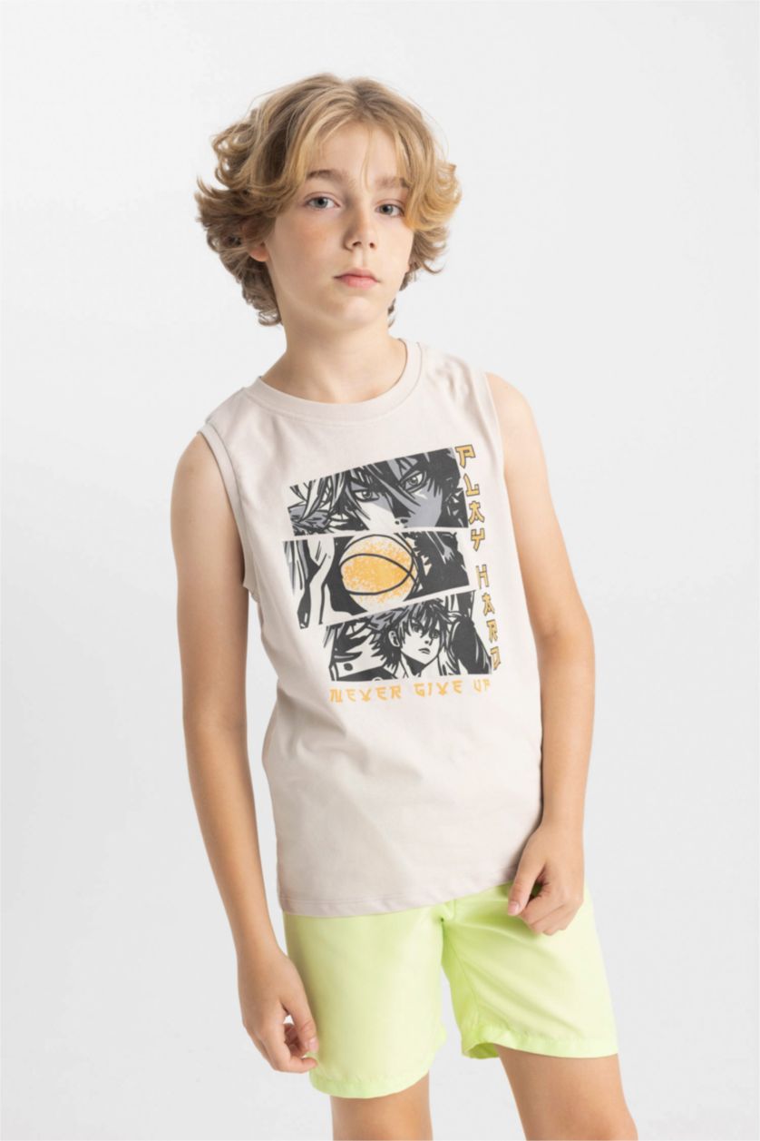 BOYS & TEENS Beige Boy Crew Neck Printed Sleeveless T-Shirt