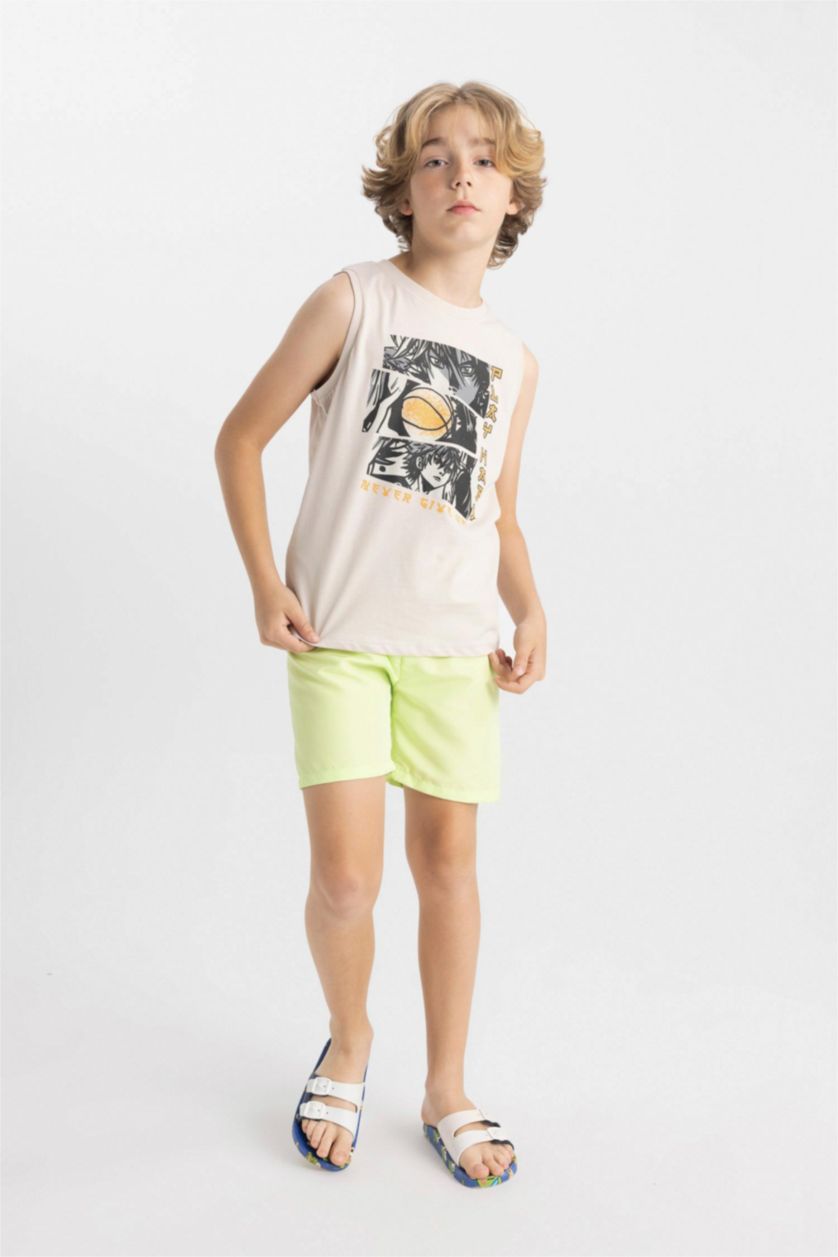 BOYS & TEENS Beige Boy Crew Neck Printed Sleeveless T-Shirt