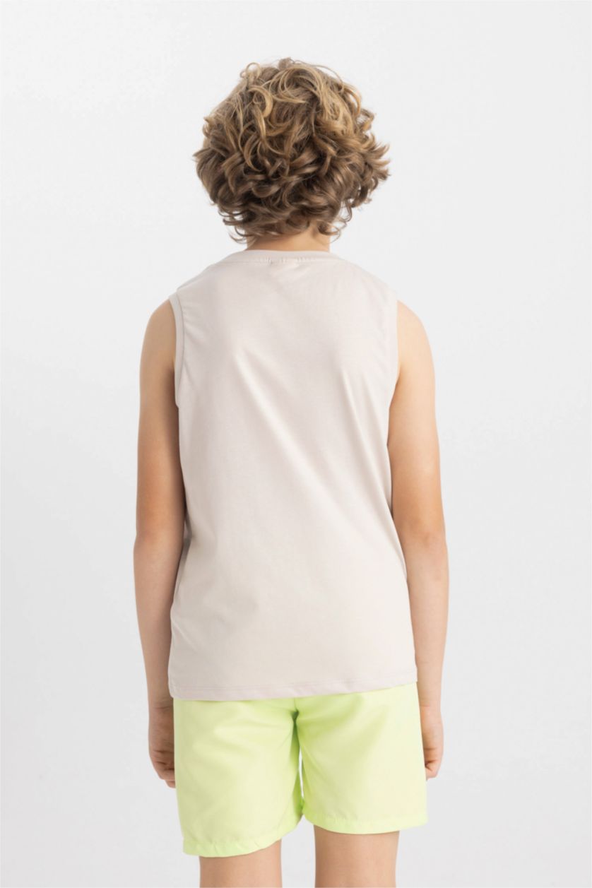 BOYS & TEENS Beige Boy Crew Neck Printed Sleeveless T-Shirt