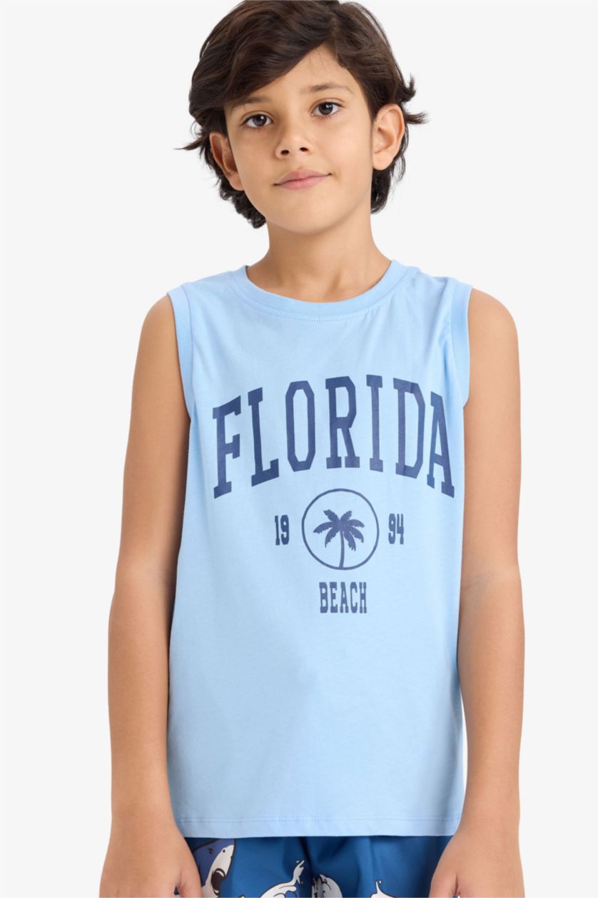Boys & Teens Light Blue Boy Crew Neck Printed Sleeveless T-Shirt