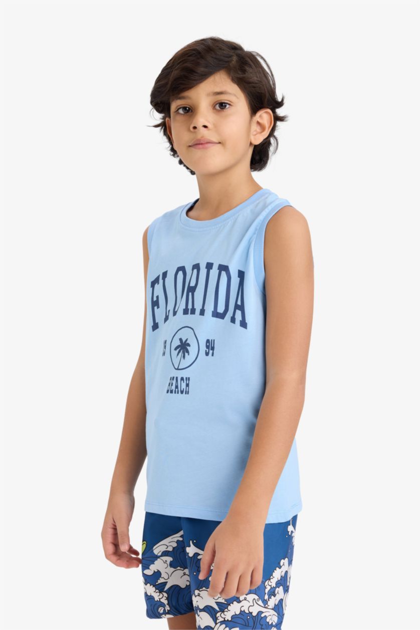 Boys & Teens Light Blue Boy Crew Neck Printed Sleeveless T-Shirt