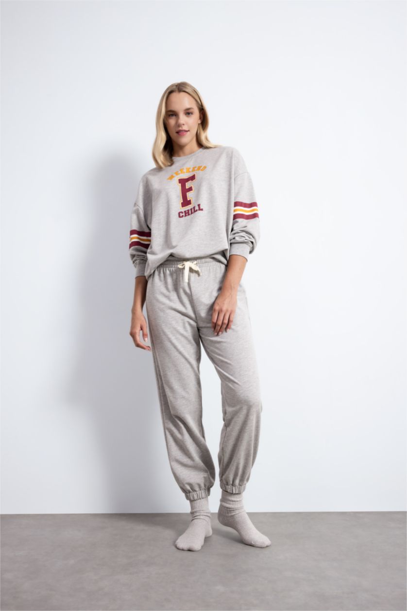 Kadın Gri Melanj Pijama Takım Bisiklet Yaka Baskılı Uzun Kollu Sweatshirt Uzun Alt-Fall in Love