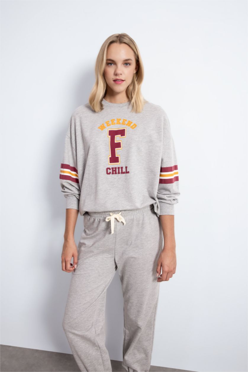 Kadın Gri Melanj Pijama Takım Bisiklet Yaka Baskılı Uzun Kollu Sweatshirt Uzun Alt-Fall in Love