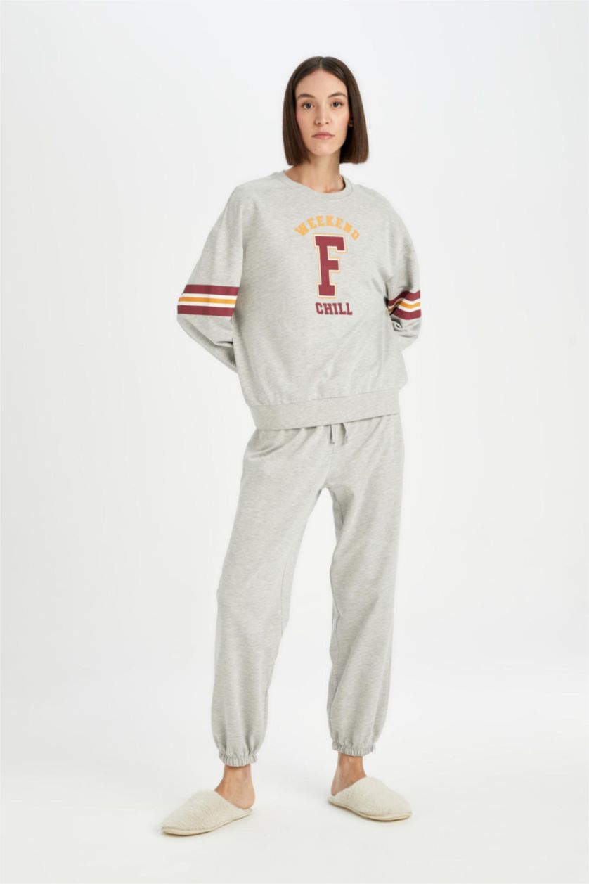 Kadın Gri Melanj Pijama Takım Bisiklet Yaka Baskılı Uzun Kollu Sweatshirt Uzun Alt-Fall in Love