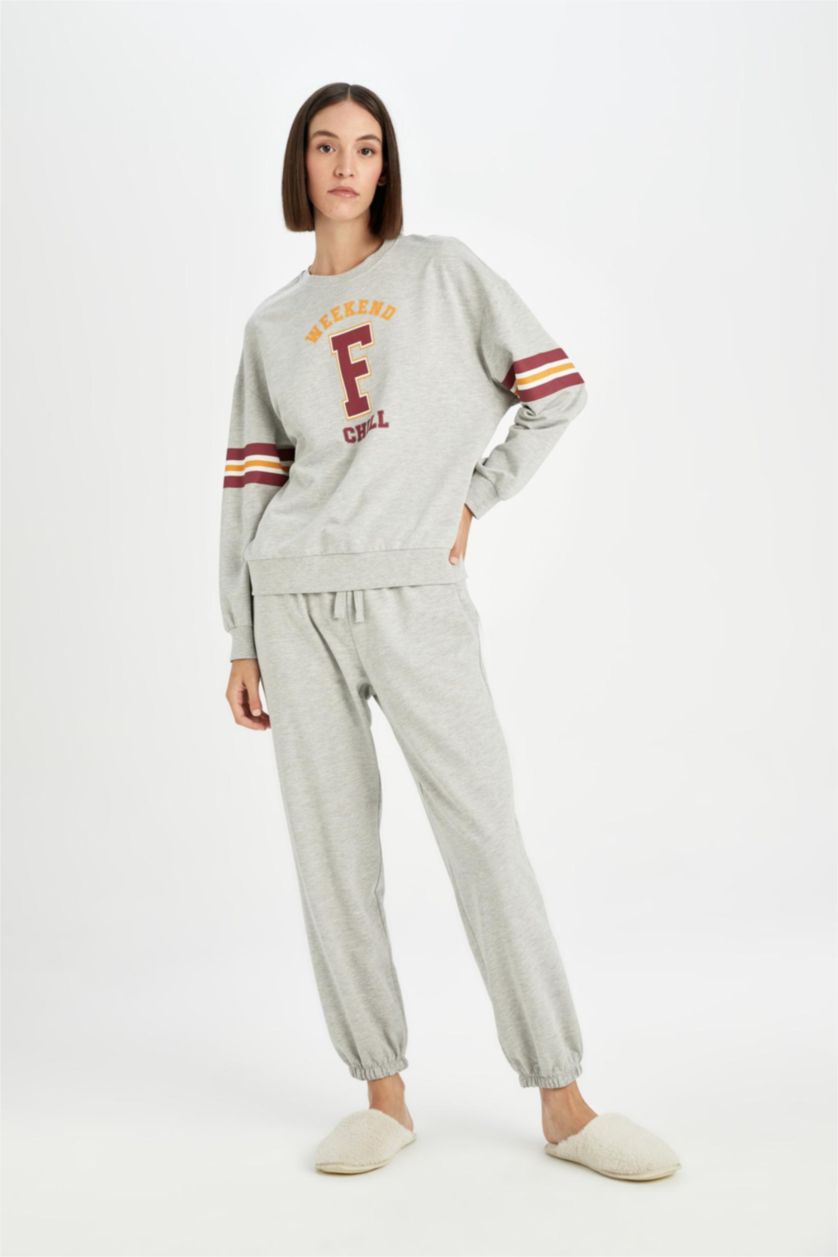 Kadın Gri Melanj Pijama Takım Bisiklet Yaka Baskılı Uzun Kollu Sweatshirt Uzun Alt-Fall in Love