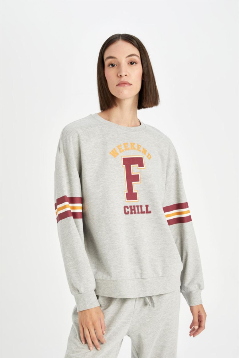 Kadın Gri Melanj Pijama Takım Bisiklet Yaka Baskılı Uzun Kollu Sweatshirt Uzun Alt-Fall in Love