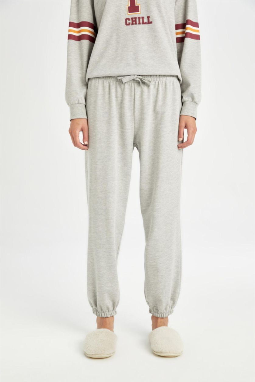 Kadın Gri Melanj Pijama Takım Bisiklet Yaka Baskılı Uzun Kollu Sweatshirt Uzun Alt-Fall in Love