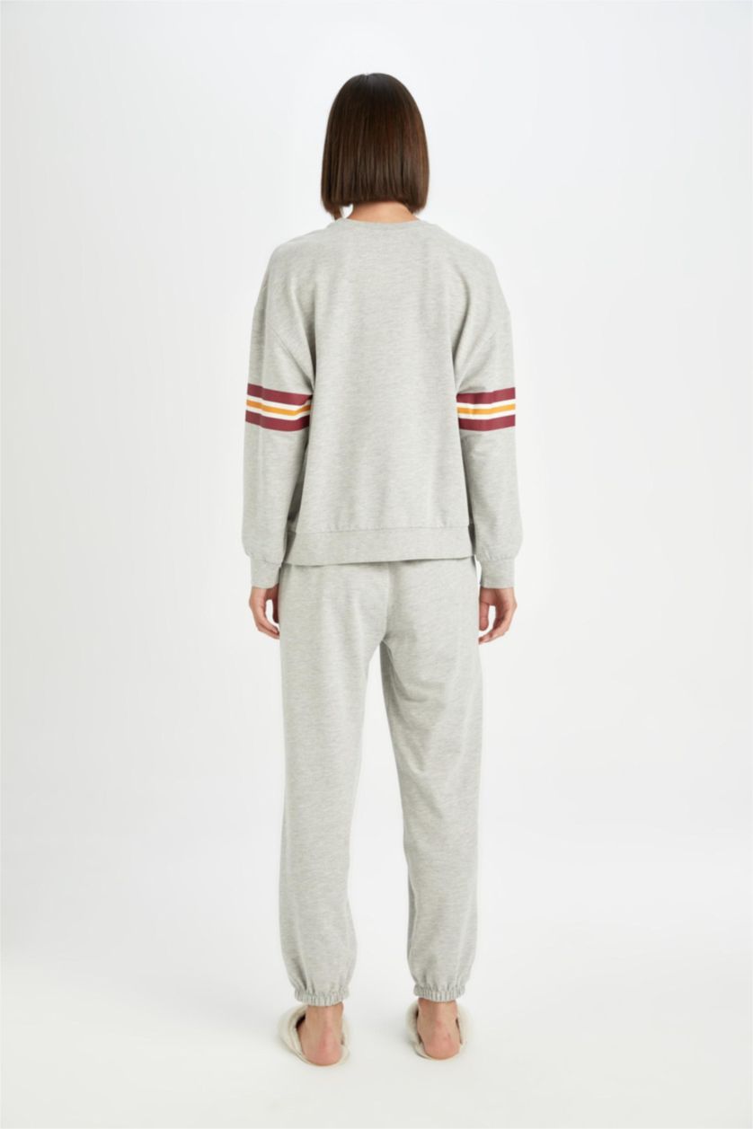 Kadın Gri Melanj Pijama Takım Bisiklet Yaka Baskılı Uzun Kollu Sweatshirt Uzun Alt-Fall in Love