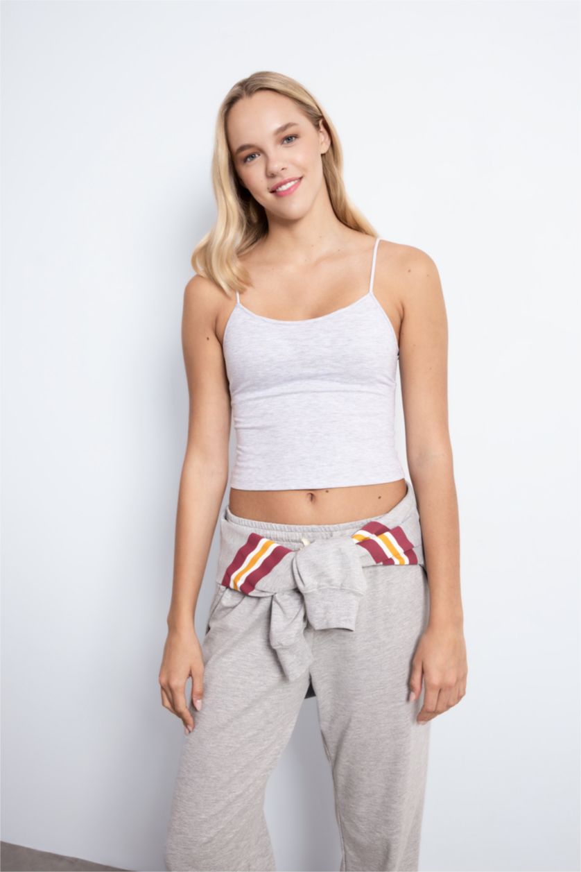 Kadın Gri Melanj Regular Fit İnce Askılı Basic Düz Atlet