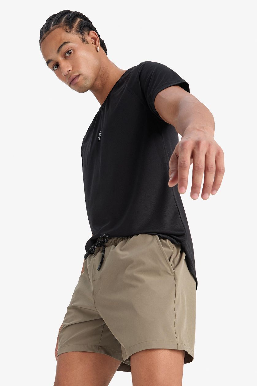 Erkek Açık Haki Baskılı Esnek Dokulu Kısa Boy Sporcu Deniz Şortu