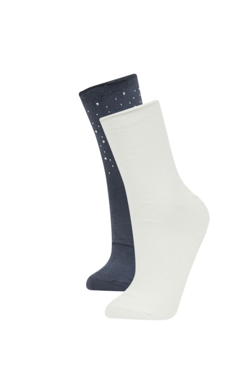 FEMME Gris Chaussettes Longues Coton à Appliques pour Femme - 2 Paires
