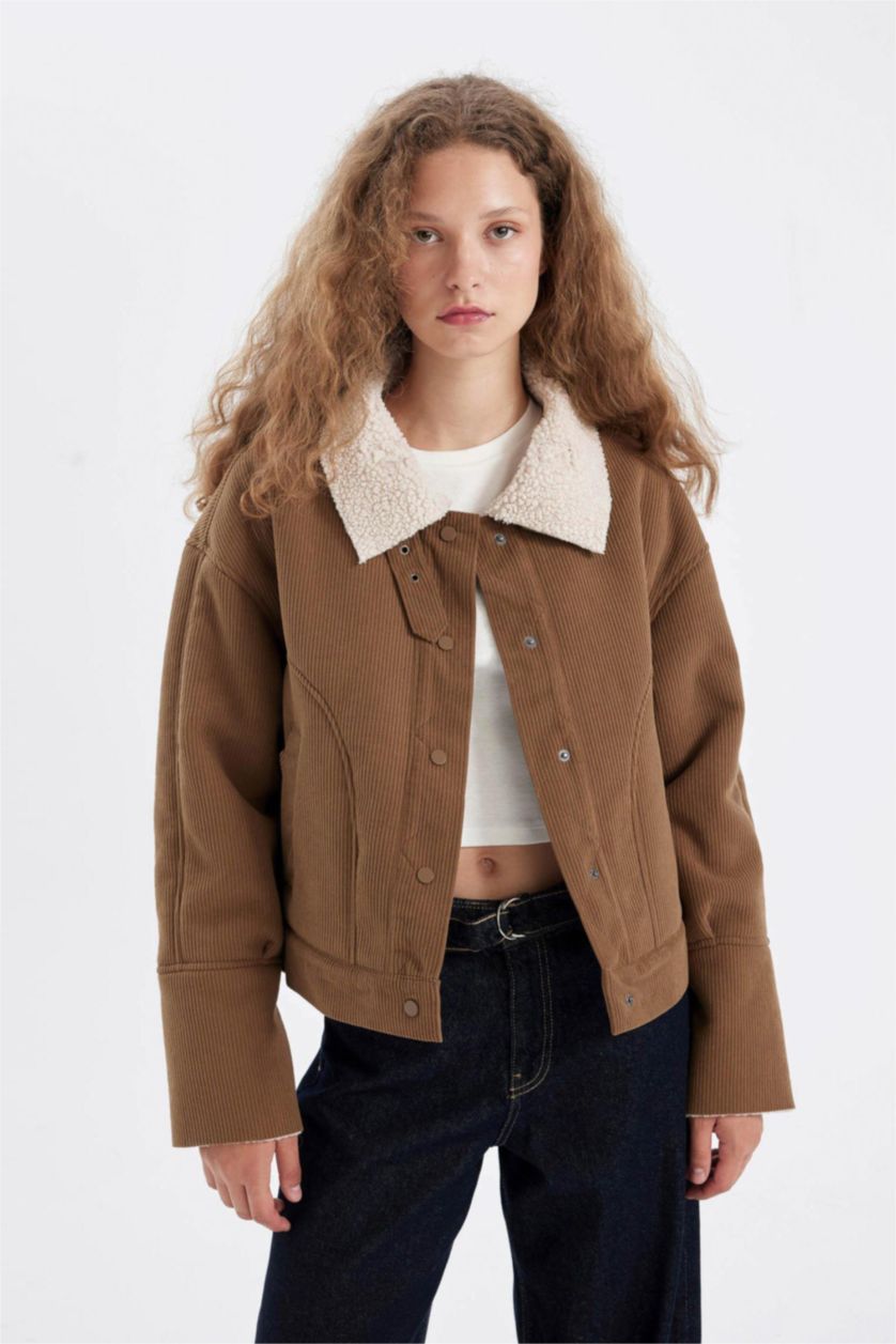 Kadın Camel Regular Kalıp Kadife Mont Polo Yaka Çıtçıtlı İçi Suni Kürklü Ceket