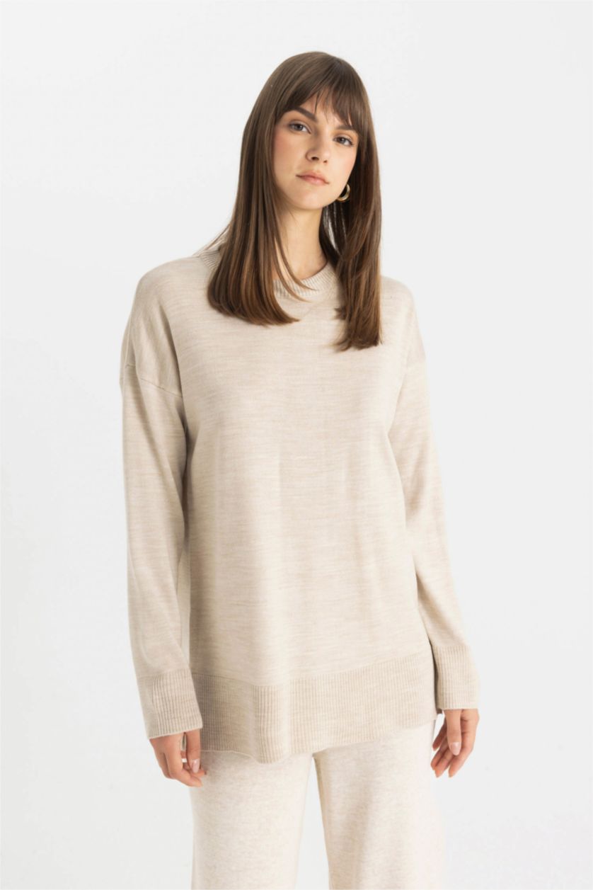 WOMAN Beige Regular Fit Crew Neck Pullover Tunic