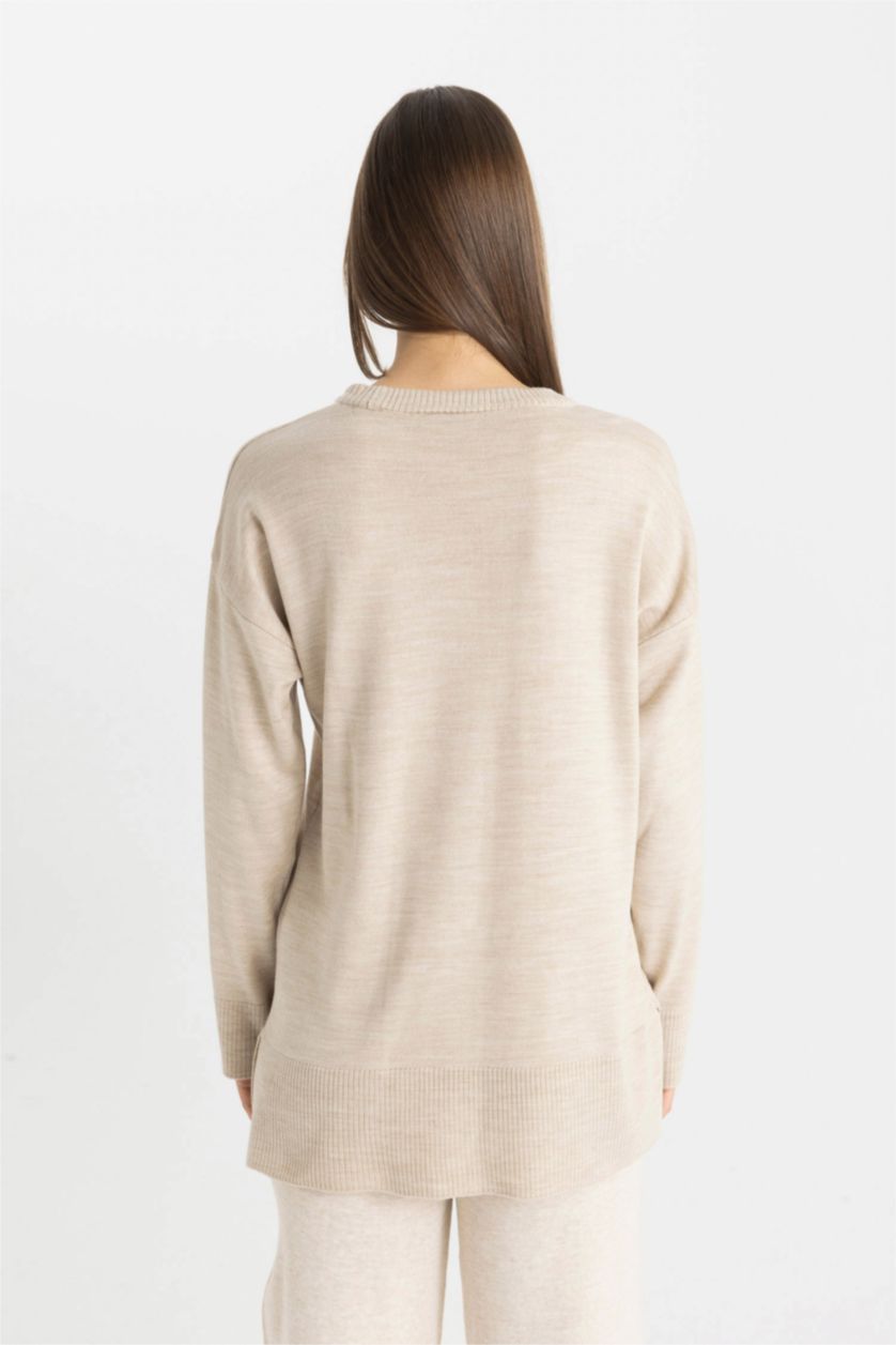 WOMAN Beige Regular Fit Crew Neck Pullover Tunic