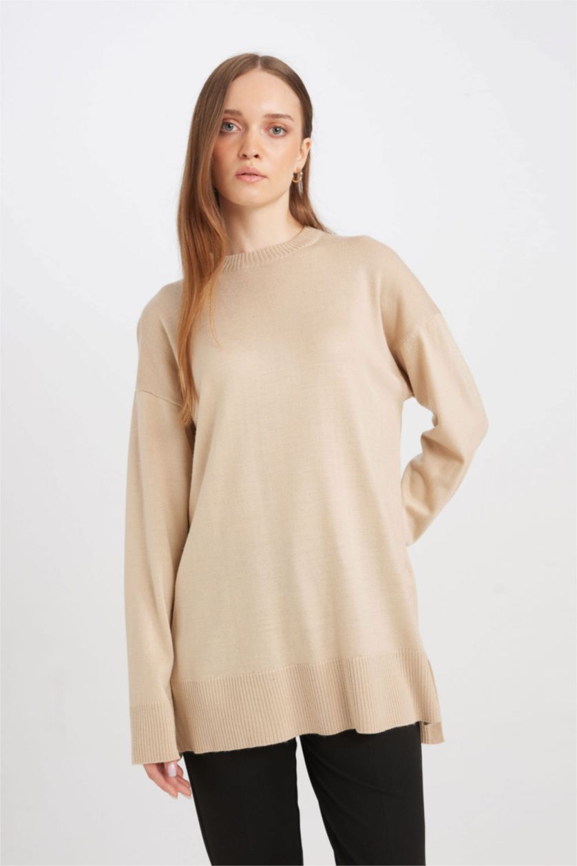 WOMAN Light Beige Regular Fit Crew Neck Tunic