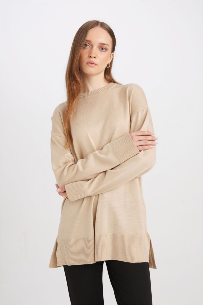 WOMAN Light Beige Regular Fit Crew Neck Tunic