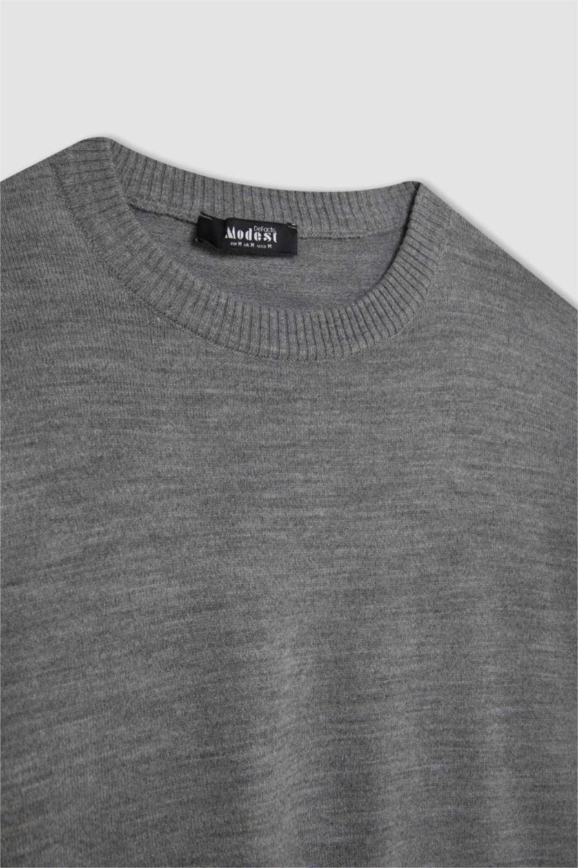 Kadın Gri Regular Fit Bisiklet Yaka Yırtmaçlı Basic Düz Triko Kazak Tunik