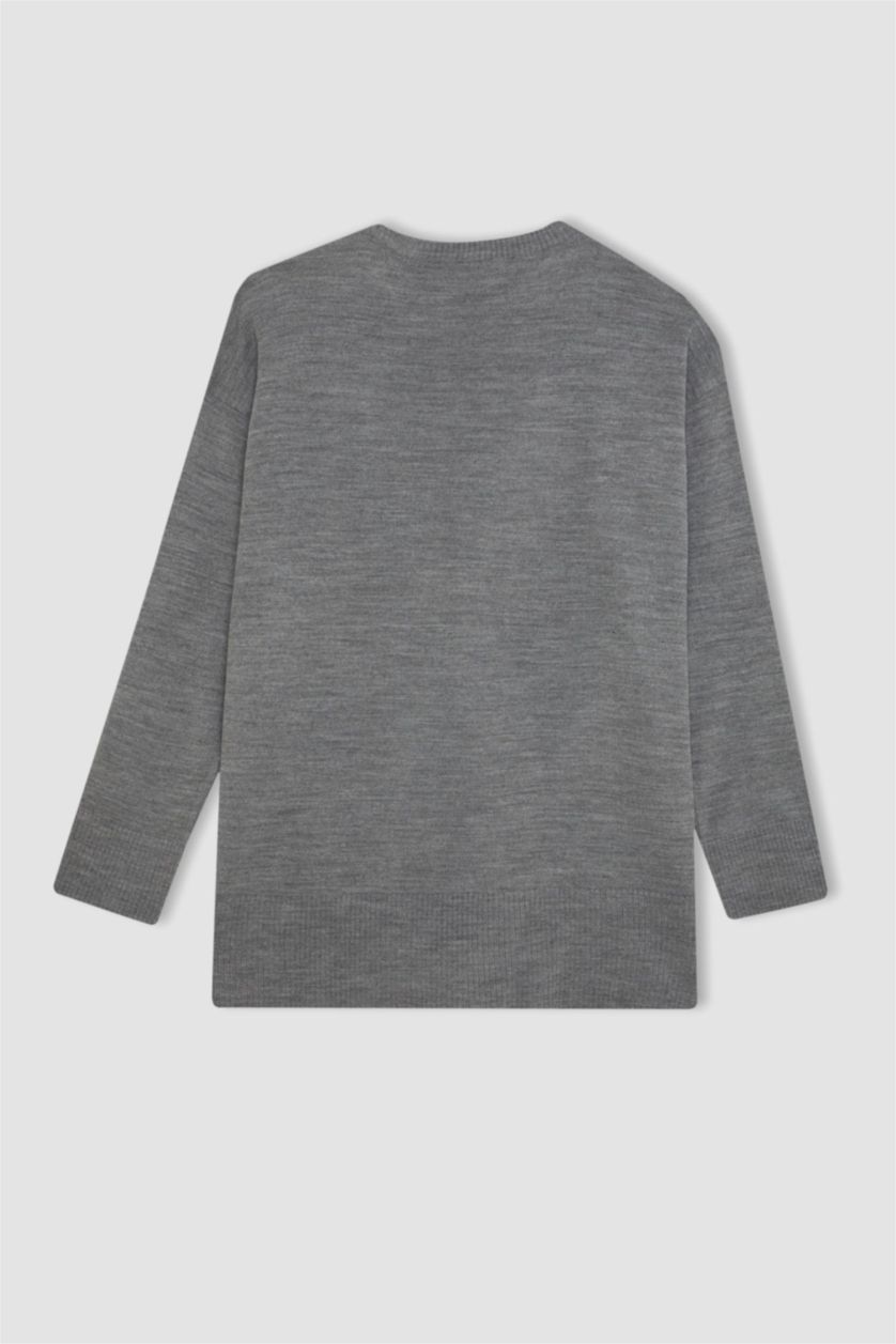 Kadın Gri Regular Fit Bisiklet Yaka Yırtmaçlı Basic Düz Triko Kazak Tunik