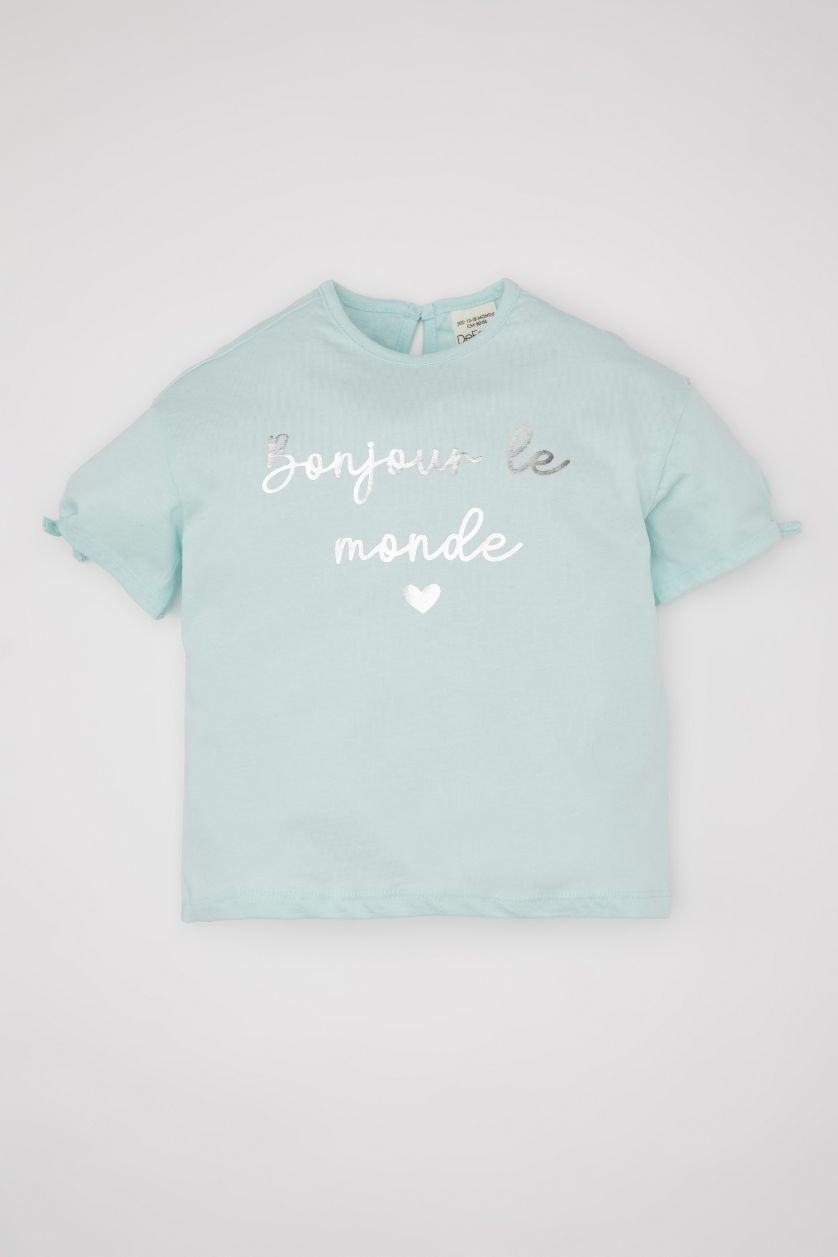 Kız Bebek Deniz Mavisi Bisiklet Yaka Baskılı Kısa Kollu Tişört Kız Bebek