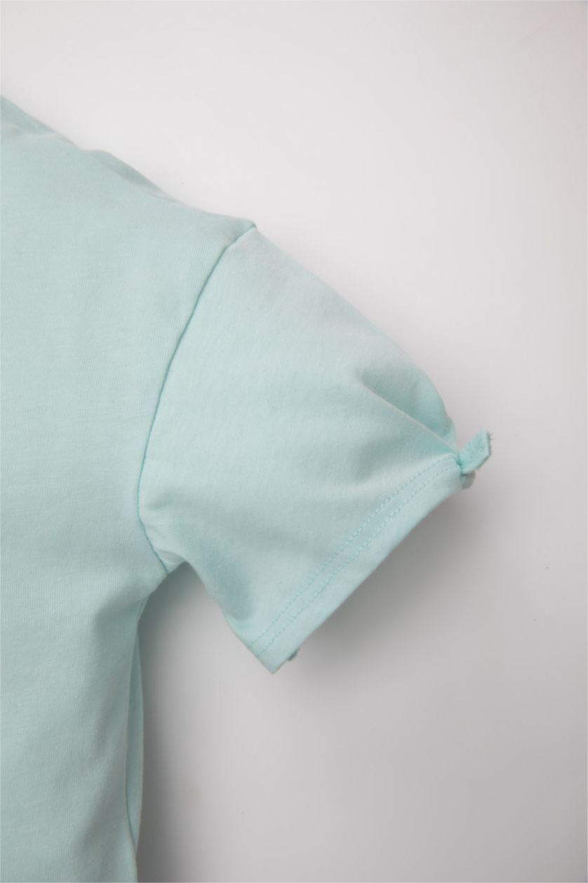 Kız Bebek Deniz Mavisi Bisiklet Yaka Baskılı Kısa Kollu Tişört Kız Bebek