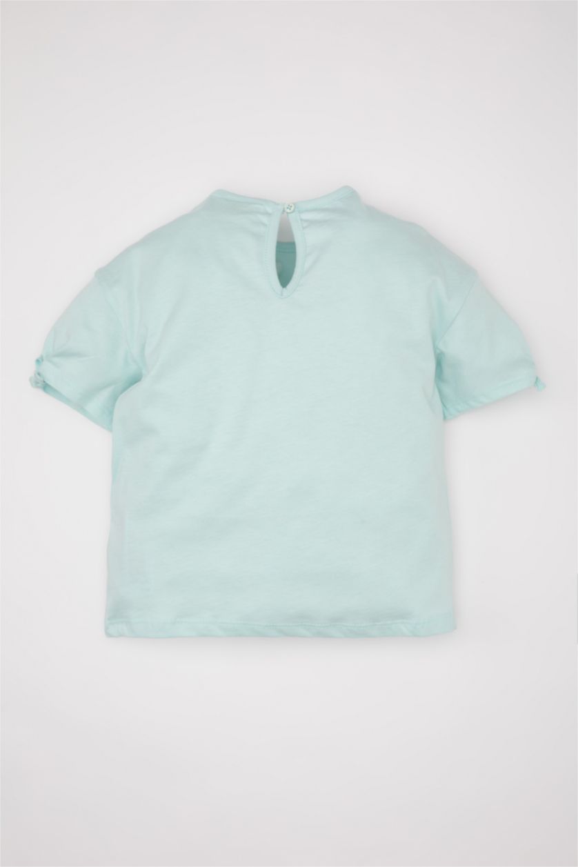 Kız Bebek Deniz Mavisi Bisiklet Yaka Baskılı Kısa Kollu Tişört Kız Bebek