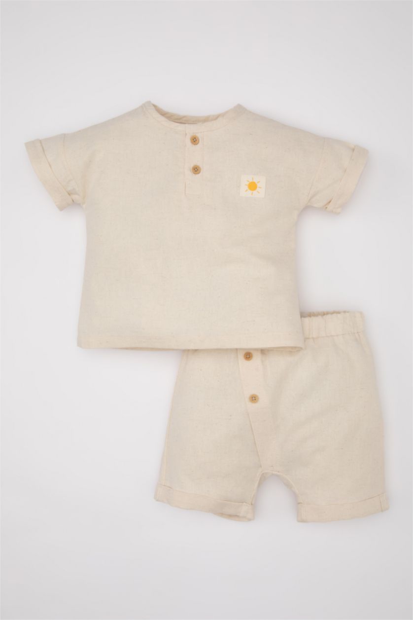 BABY GIRL Beige Baby Boy Linen Short Sleeve T-Shirt Shorts 2 Piece Set