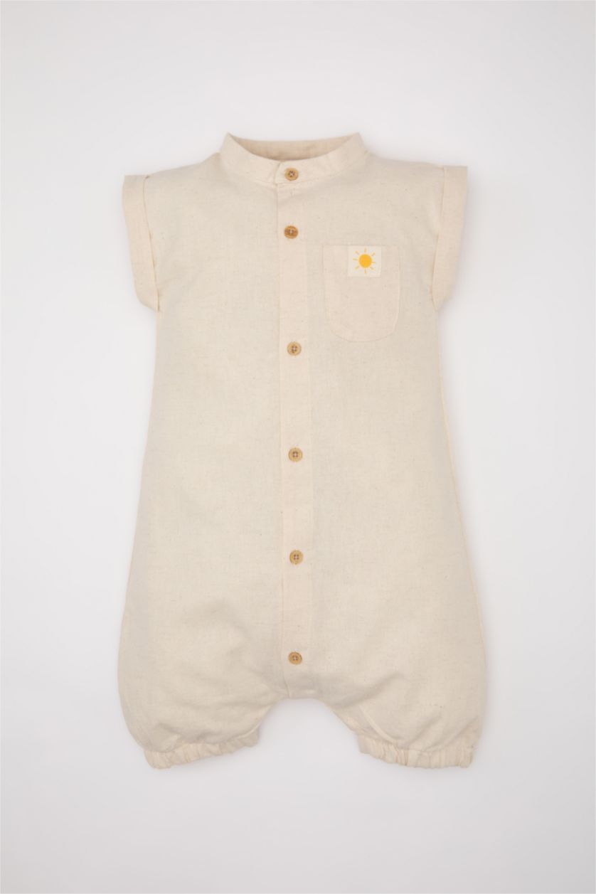 BABY GIRL Beige Linen Regular Fit Button Neck Jumpsuit