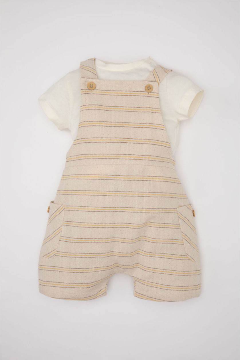 Erkek Bebek Kırık Beyaz Erkek Bebek 2'li Takım Kısa Kollu Tişört Çizgili Dokuma Salopet