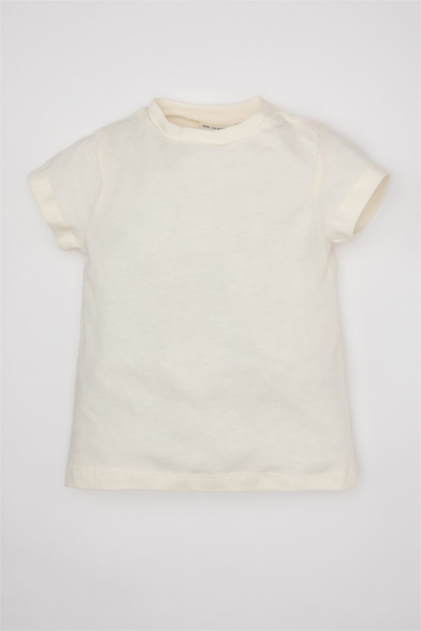 Erkek Bebek Kırık Beyaz Erkek Bebek 2'li Takım Kısa Kollu Tişört Çizgili Dokuma Salopet