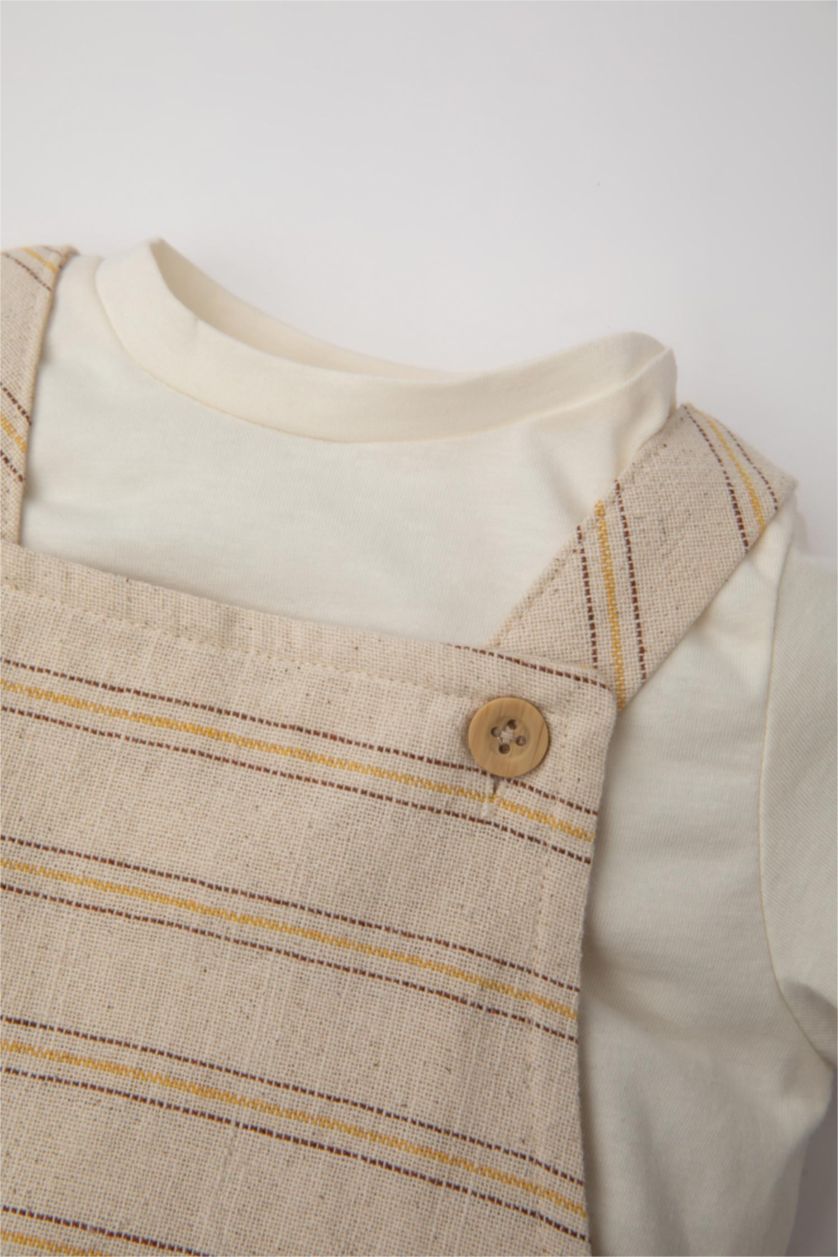 Erkek Bebek Kırık Beyaz Erkek Bebek 2'li Takım Kısa Kollu Tişört Çizgili Dokuma Salopet