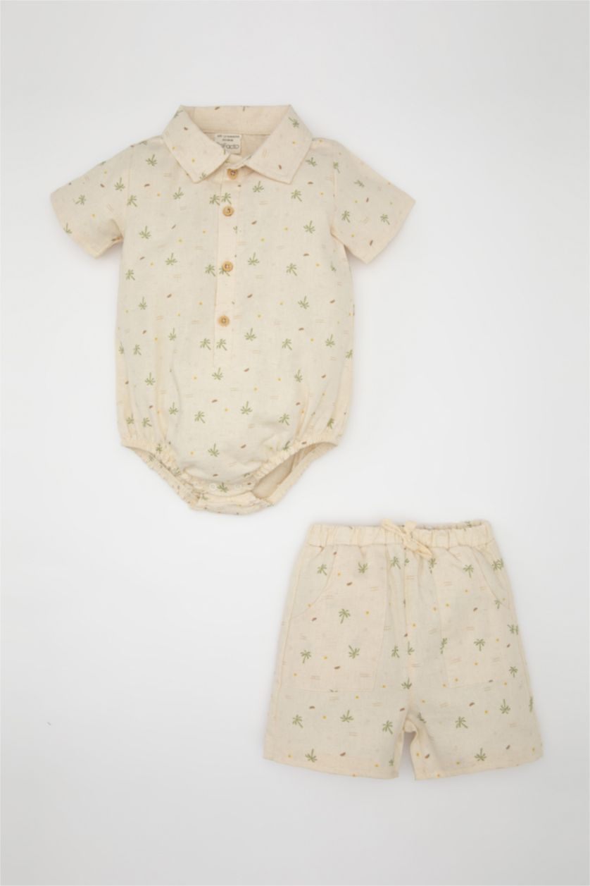 BABY GIRL Beige Baby Boy Palm Tree Patterned Snap-On Shorts Muslin 2 Piece Set