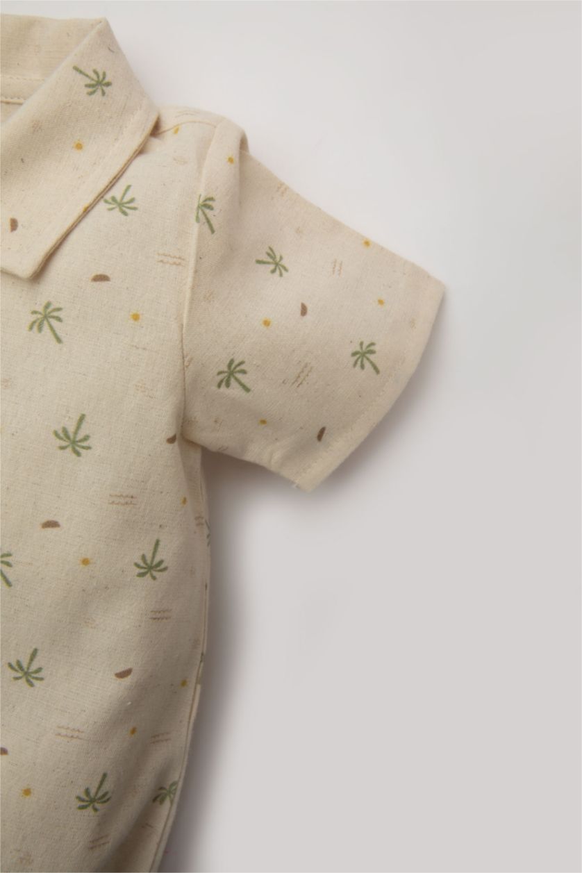 BABY GIRL Beige Baby Boy Palm Tree Patterned Snap-On Shorts Muslin 2 Piece Set