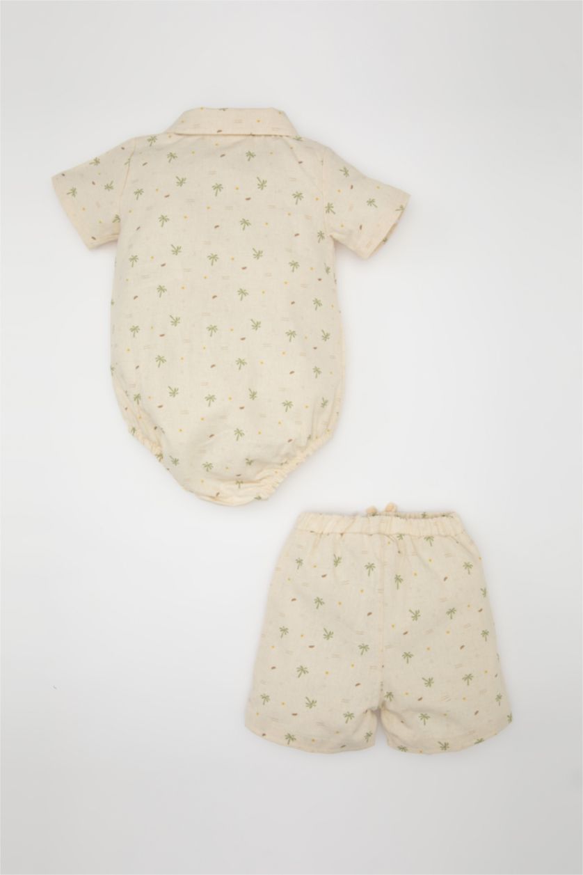 BABY GIRL Beige Baby Boy Palm Tree Patterned Snap-On Shorts Muslin 2 Piece Set