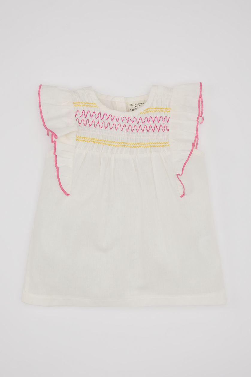 Baby Girl Ecru Baby Girl Crew Neck Voile Shirt