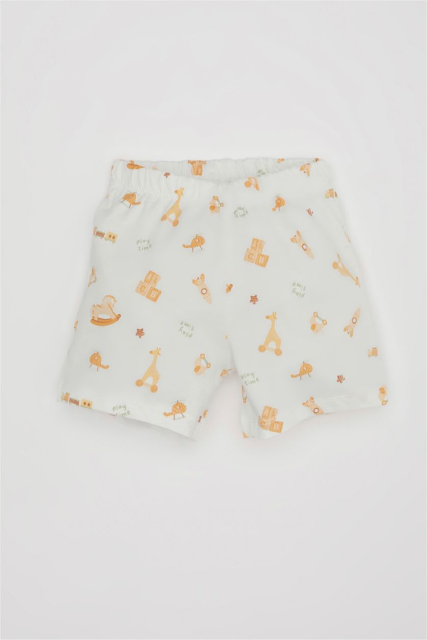 Erkek Bebek Ekru Erkek Bebek Pijama Takım Safari Desenli Penye Kısa Kollu Üst Beli Lastikli Şort Alt