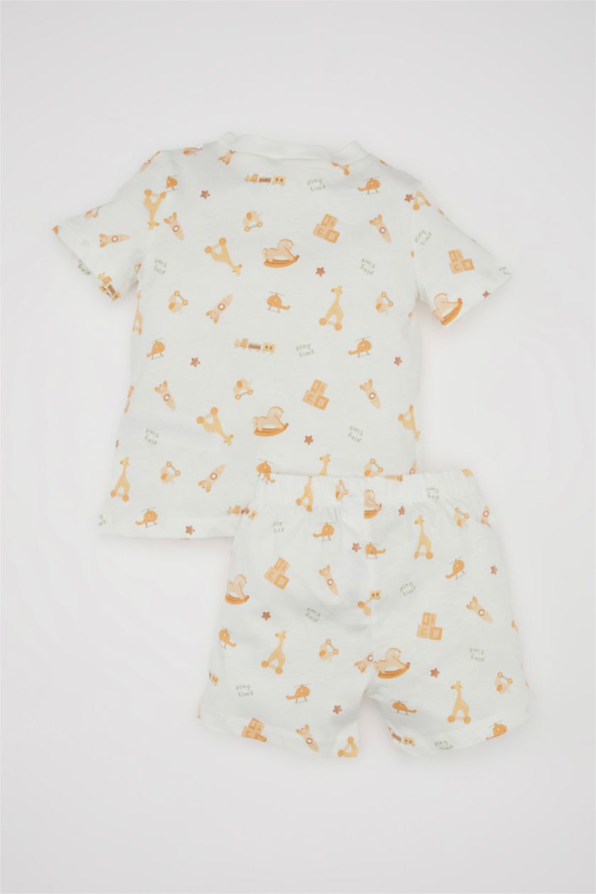 Erkek Bebek Ekru Erkek Bebek Pijama Takım Safari Desenli Penye Kısa Kollu Üst Beli Lastikli Şort Alt