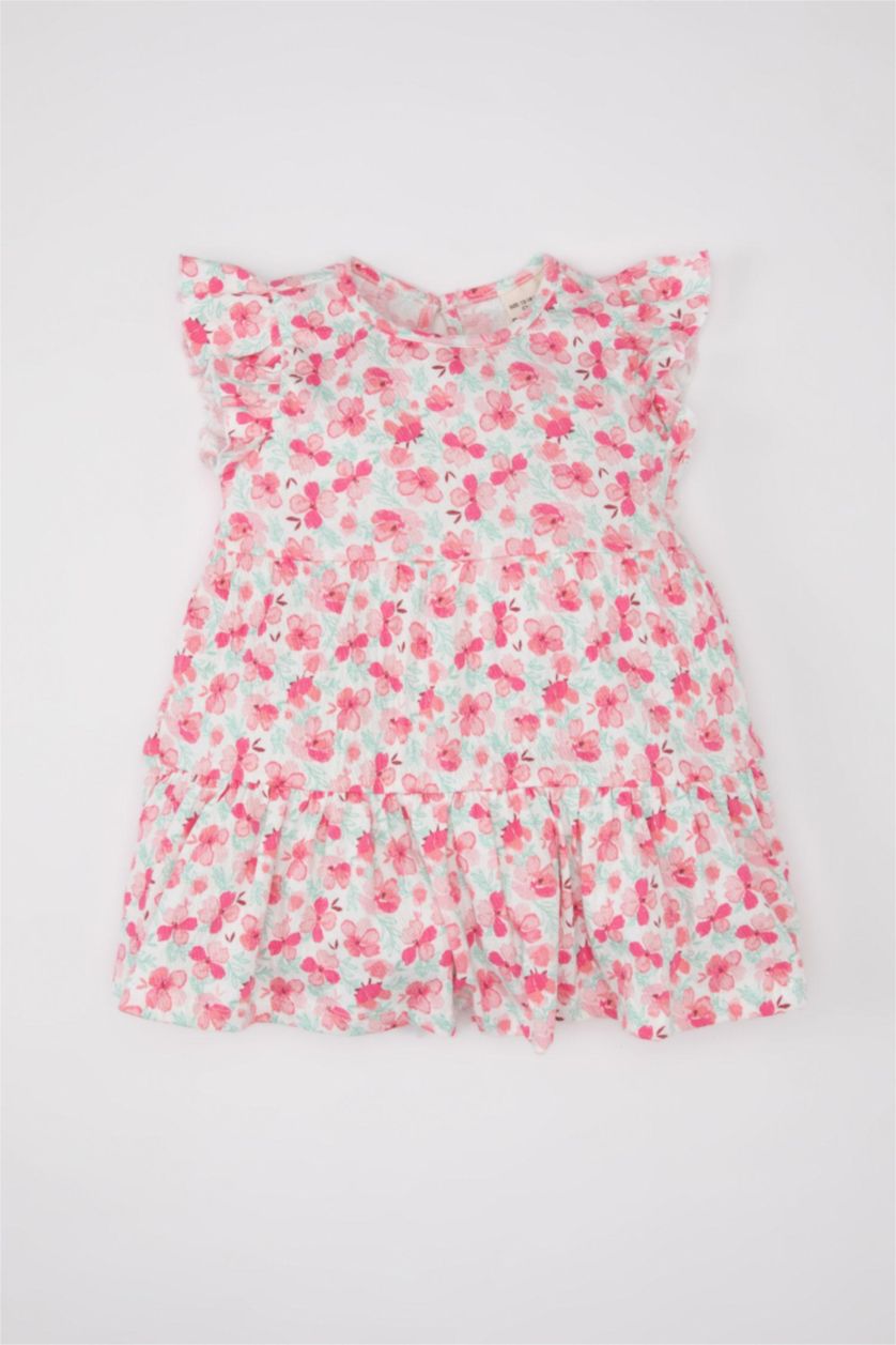 Kız Bebek Pembe Çiçekli Kısa Kollu Elbise Kız Bebek