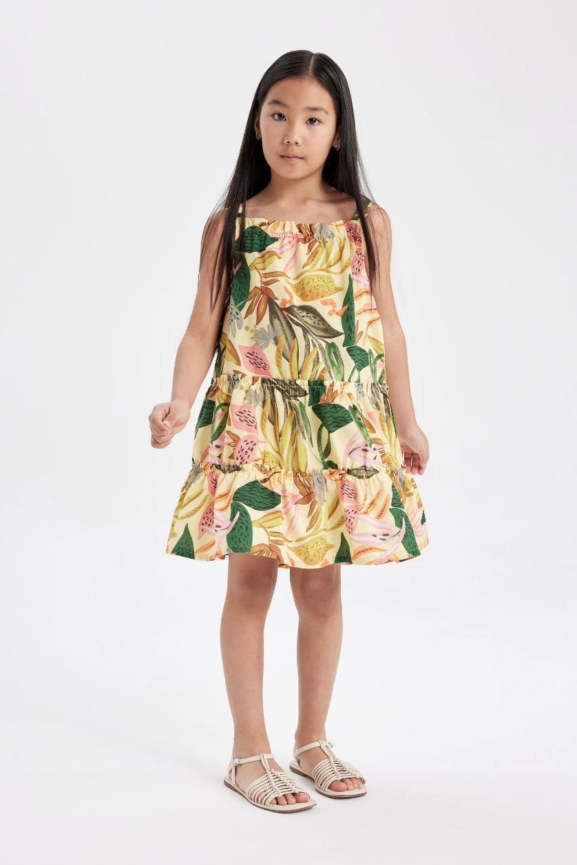 GIRLS & TEENS Beige Girl Poplin Sleeveless Patterned Dress