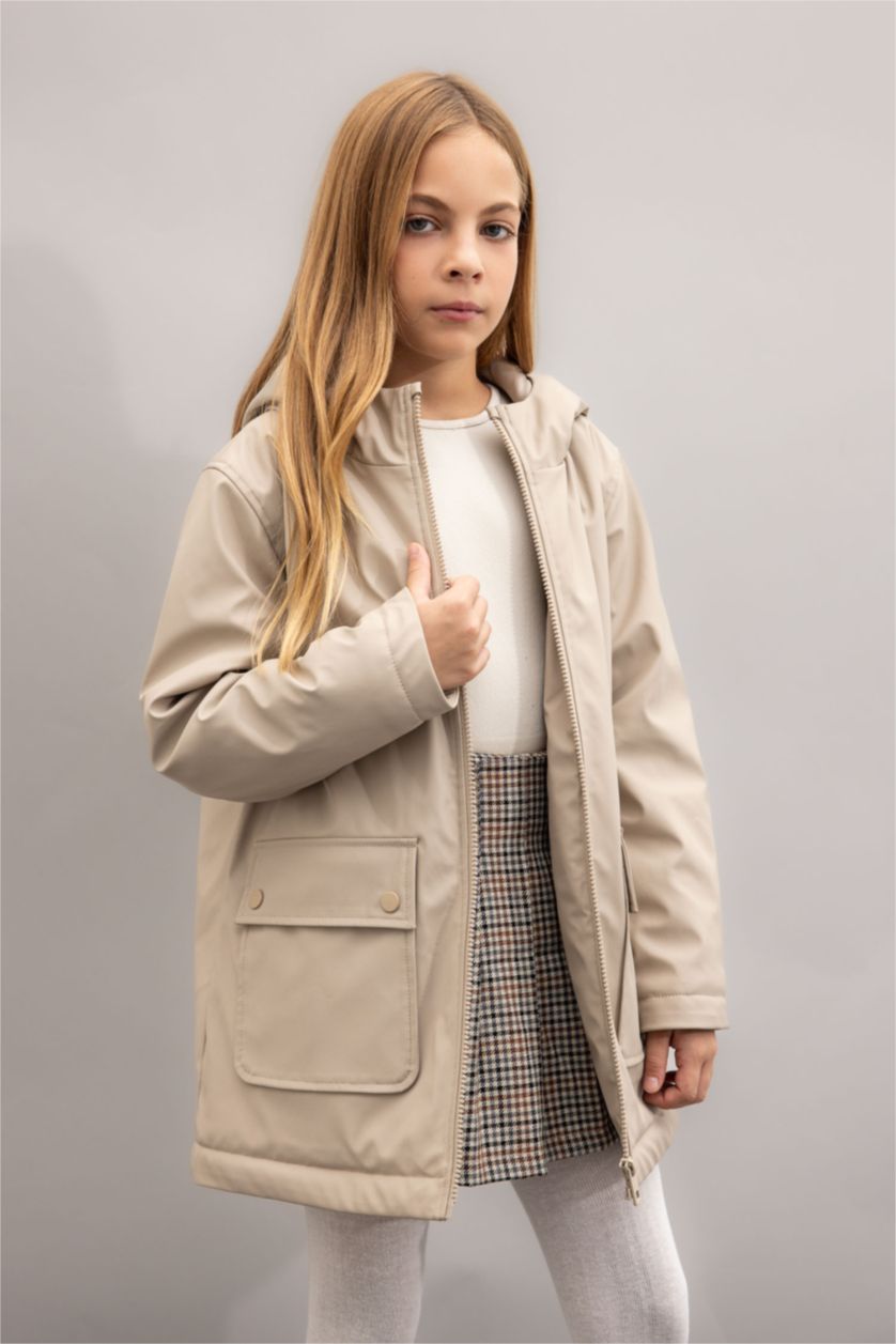 Young Girls - Teen Girls Beige Girl Waterproof Hooded Raincoat