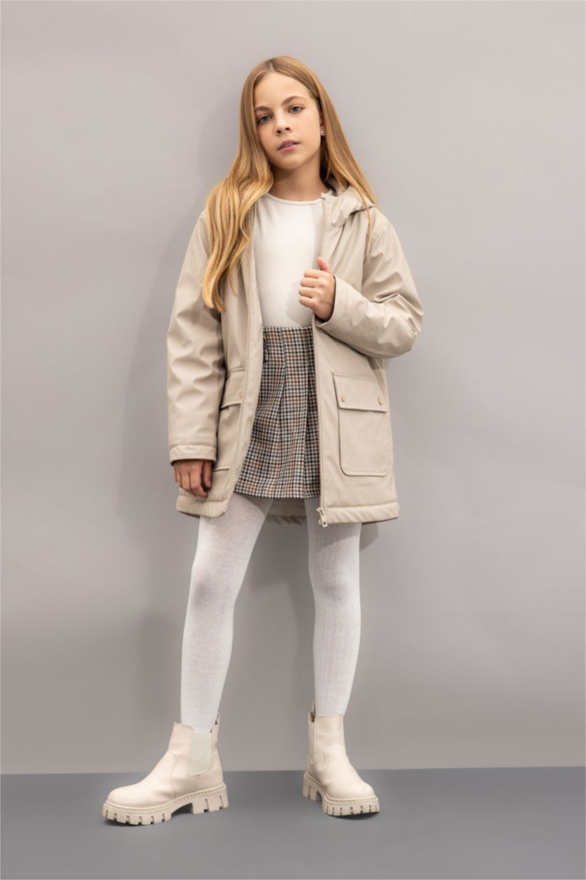 Young Girls - Teen Girls Beige Girl Waterproof Hooded Raincoat