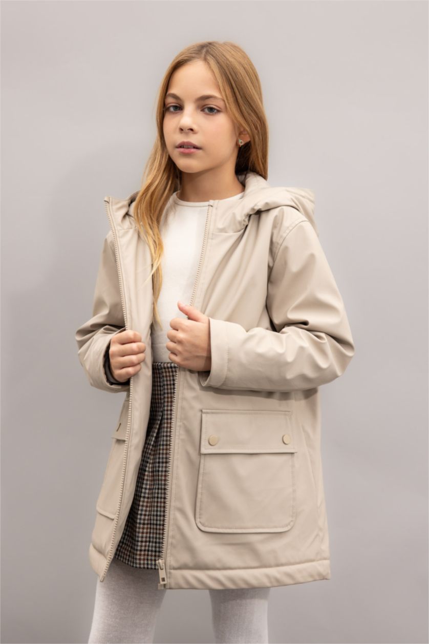 Young Girls - Teen Girls Beige Girl Waterproof Hooded Raincoat