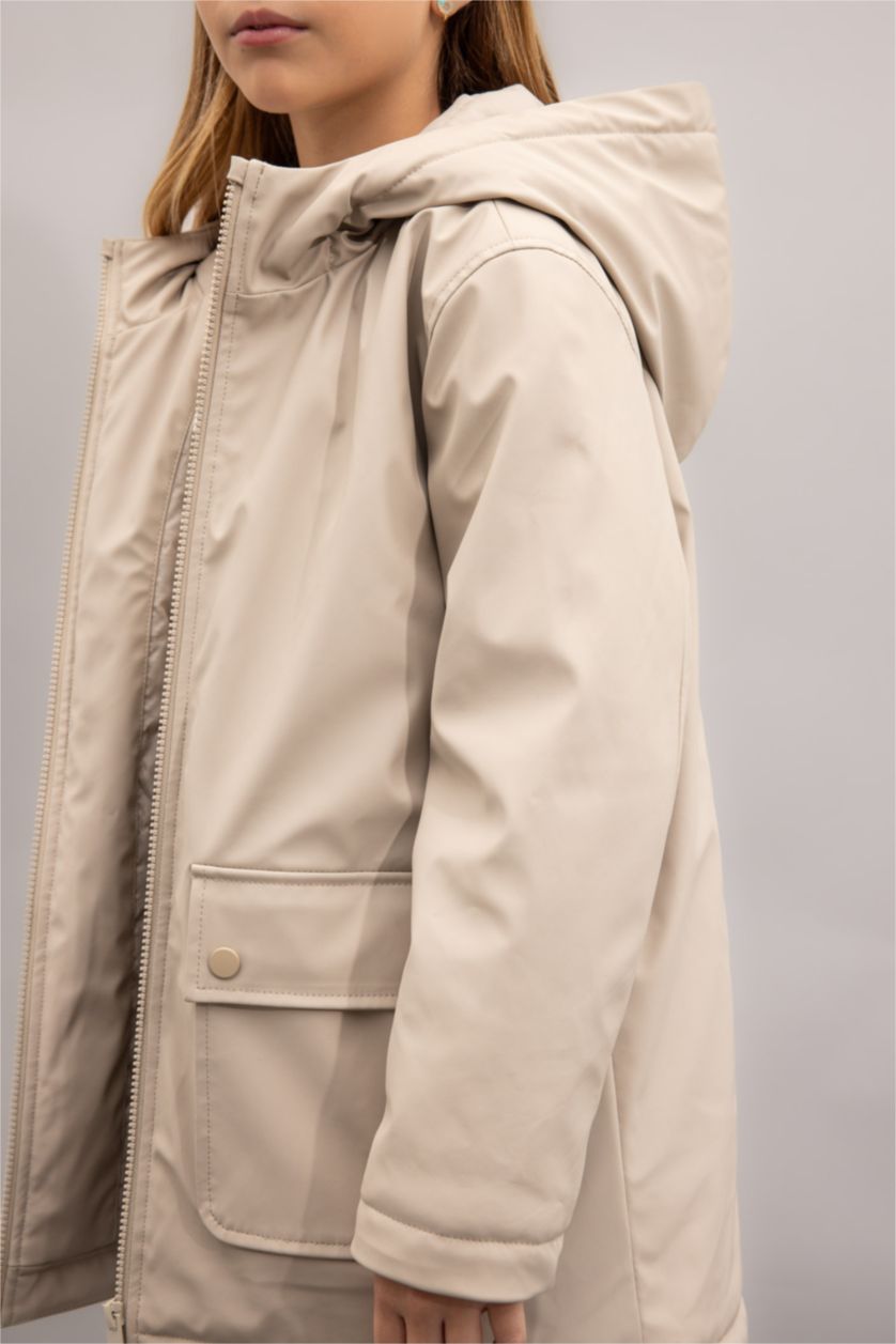 Young Girls - Teen Girls Beige Girl Waterproof Hooded Raincoat