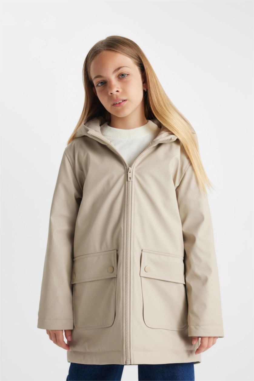 Young Girls - Teen Girls Beige Girl Waterproof Hooded Raincoat