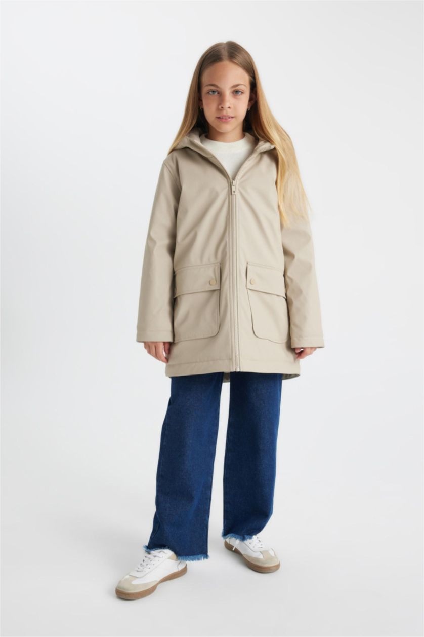 Young Girls - Teen Girls Beige Girl Waterproof Hooded Raincoat